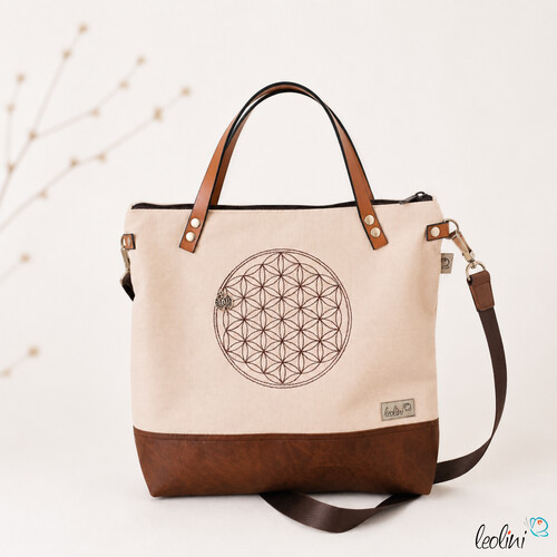 Umhängetasche aus Canvas mit Stickerei BLUME DES LEBENS | Farbe nude mit Henkel