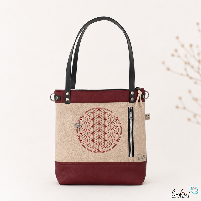 LeoliniHenkeltasche LENO mit der Blume des Lebens | bordeaux Lederimitat | mit AußenfachTaschen mit Stickerei und Basic Taschen
