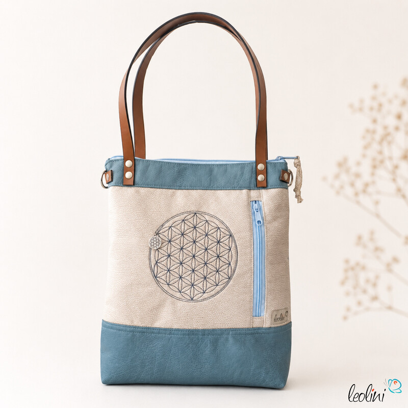 LeoliniHenkeltasche mit der Blume des Lebens | eisblaues Lederimitat | mit AußenfachTaschen mit Stickerei und Basic Taschen