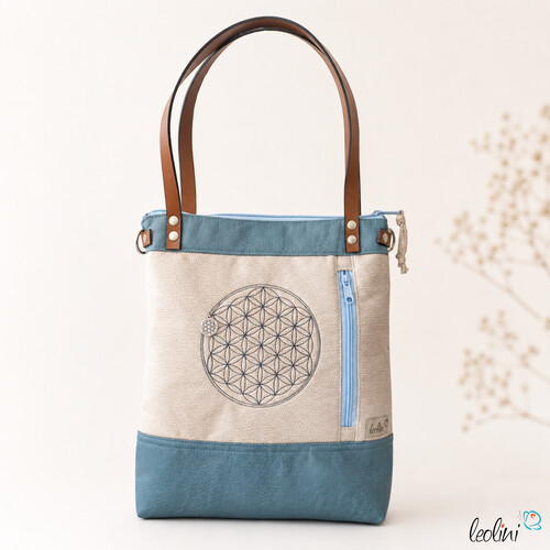 Henkeltasche mit der Blume des Lebens | eisblaues Lederimitat | mit Außenfach