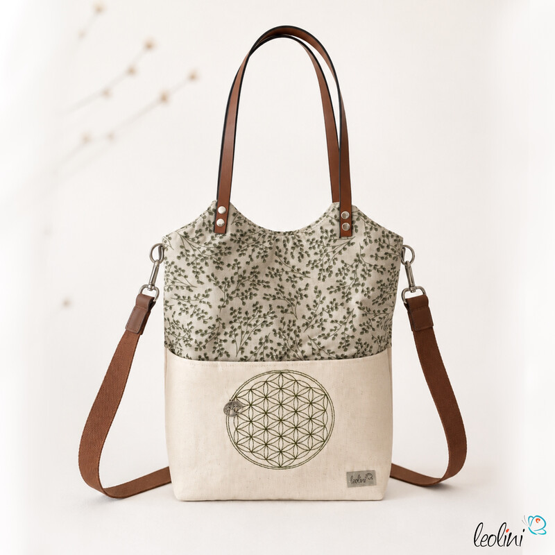LeoliniShopper aus Canvas mit Stickerei Blume des Lebens | GINKGO | mit Außenfach und zusätzlichem GurtTaschen mit Stickerei und Basic Taschen