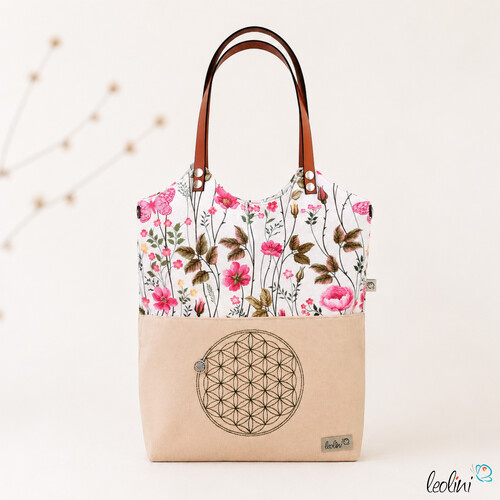 Shopper aus Canvas mit Stickerei Blume des Lebens | BLUMEN| mit Außenfach und zusätzlichem Gurt