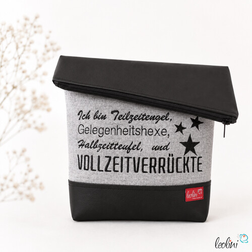 Foldovertasche Spruch Vollzeitverrückte schwarz - handgemachte Kunstledertasche