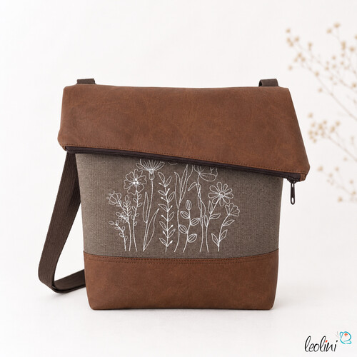 Foldover Tasche mit Blumen Stickerei | Braun | mit Außenfach