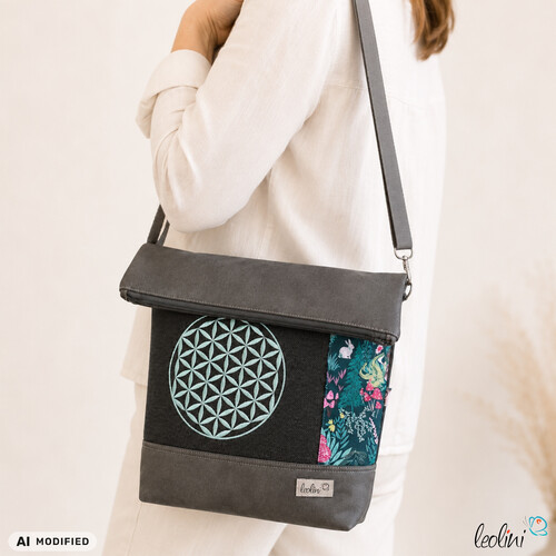 LeoliniFoldover Tasche mit Blume des Lebens Stickerei SALBEI | GRAU | mit AußenfachTaschen mit Stickerei und Basic Taschen