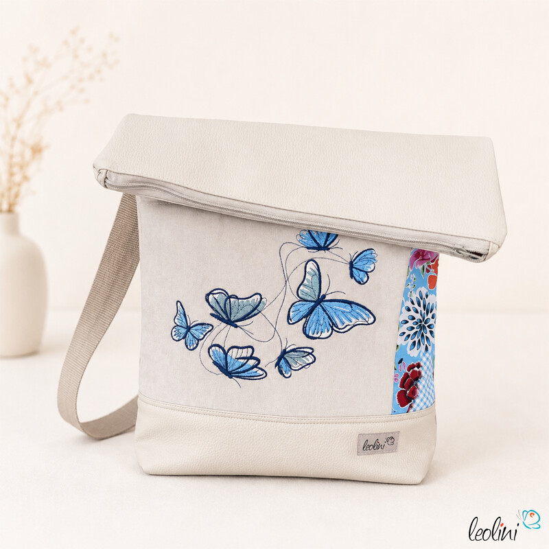 LeoliniFoldover Tasche mit SCHMETTERLINGE Stickerei | BEIGE | mit AußenfachTaschen mit Stickerei und Basic Taschen