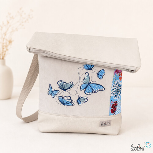 Foldover Tasche mit SCHMETTERLINGE Stickerei | BEIGE | mit Außenfach