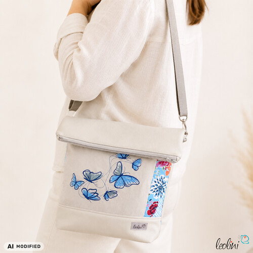 LeoliniFoldover Tasche mit SCHMETTERLINGE Stickerei | BEIGE | mit AußenfachTaschen mit Stickerei und Basic Taschen