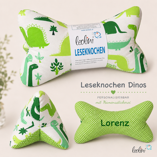 LeoliniLeseknochen personalisierbar DINOS GRÜN | Nackenkissen | handgemachtKinder Leseknochen
