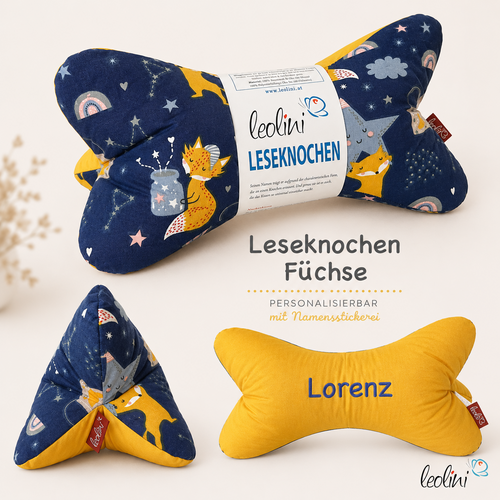 LeoliniLeseknochen personalisierbar FÜCHSE BLAU | Nackenkissen | handgemachtLeseknochen gemustert