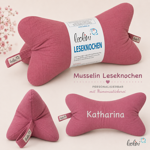 LeoliniLeseknochen MUSSELIN in HIMBEERE  | personalisierbar mit StickereiMusselin Leseknochen unifarben