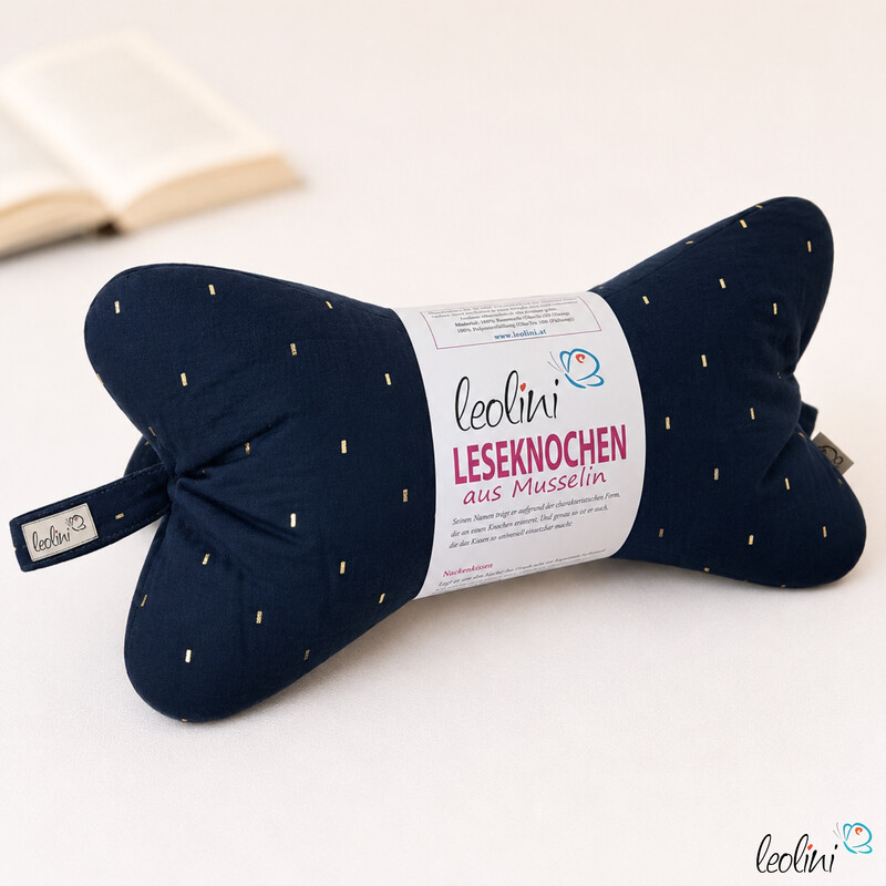 LeoliniLeseknochen MUSSELIN MARINE mit Goldglitzer | personalisierbar mit Stickerei -Musselin Leseknochen unifarben