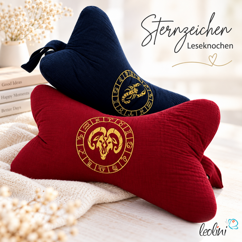 LeoliniLeseknochen mit STERNZEICHEN Stickerei | Nackenkissen aus Musselin Double Gauze | BordeauxMusselin Leseknochen unifarben