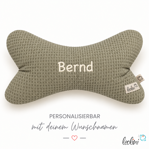 LeoliniLeseknochen aus Waffelstoff | Nackenkissen OLIV | personalisierbar mit Name | handgemachtWaffelstoff Leseknochen unifarben