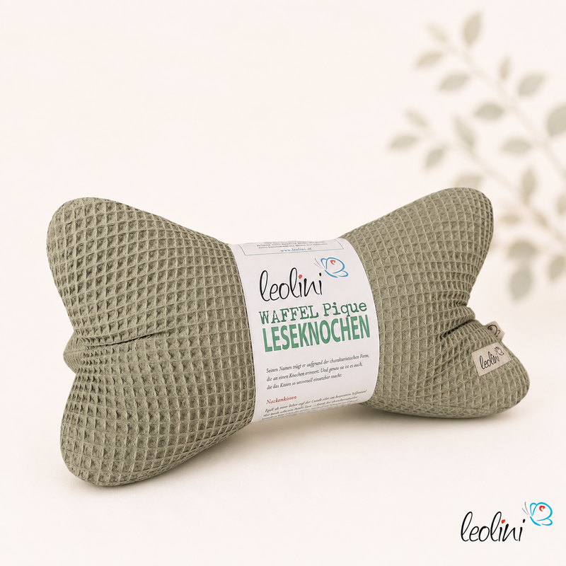LeoliniLeseknochen aus Waffelstoff | Nackenkissen OLIV | personalisierbar mit Name | handgemachtWaffelstoff Leseknochen unifarben
