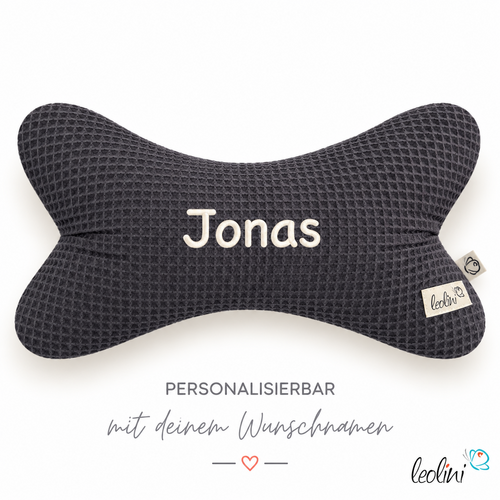 LeoliniLeseknochen aus Waffelstoff | Nackenkissen ANTHRAZIT personalisierbar mit Name | handgemachtWaffelstoff Leseknochen unifarben