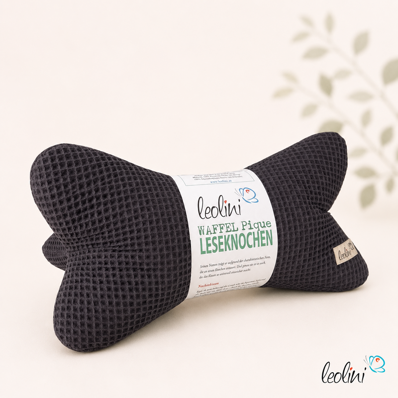 LeoliniLeseknochen aus Waffelstoff | Nackenkissen ANTHRAZIT personalisierbar mit Name | handgemachtWaffelstoff Leseknochen unifarben