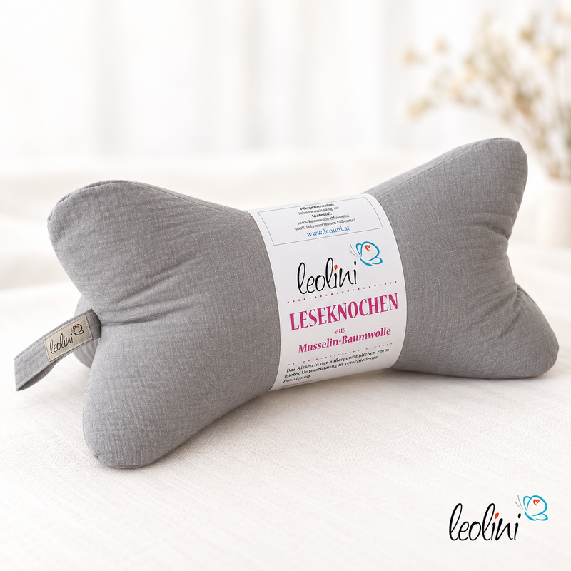 LeoliniLeseknochen MUSSELIN Double Gauze | HELLGRAU | personalisierbar mit Namen StickereiLeseknochen