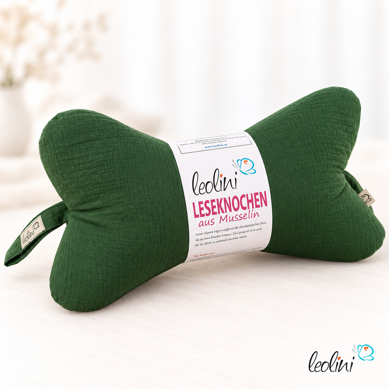 LeoliniLeseknochen MUSSELIN Double Gauze WALDGRÜN - personalisierbar mit StickereiLeseknochen