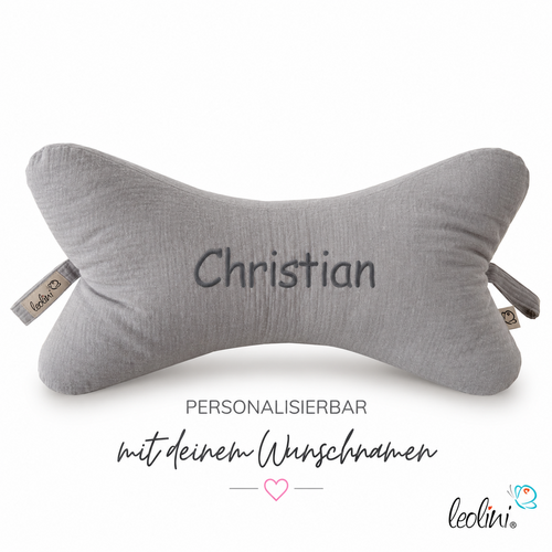 LeoliniLeseknochen MUSSELIN Double Gauze | HELLGRAU | personalisierbar mit Namen Stickerei