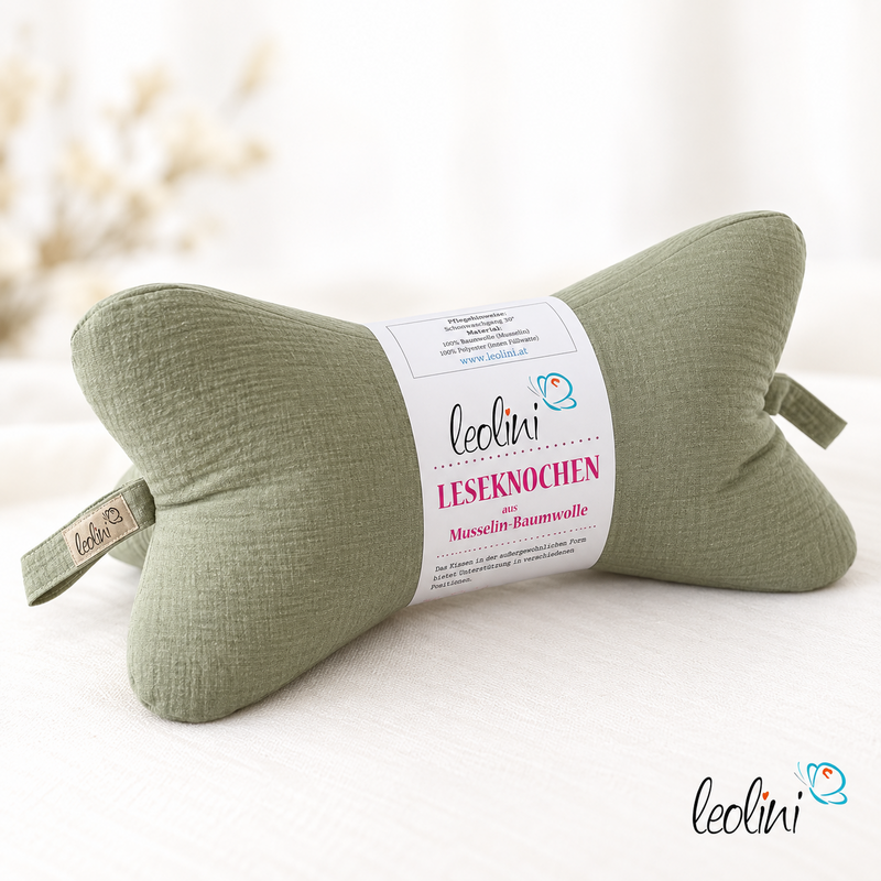 LeoliniLeseknochen MUSSELIN Double Gauze in OLIVE | personalisierbar und handgemachtLeseknochen