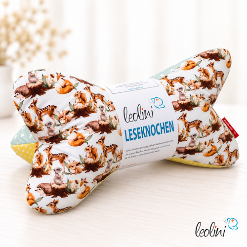 Leseknochen personalisierbar | Nackenkissen HASE und WALDTIERE | handgemacht von Leolini