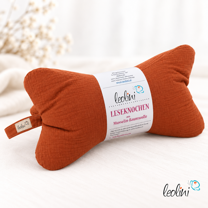 LeoliniLeseknochen MUSSELIN Double Gauze | COGNAC/ROST - personalisierbar mit StickereiLeseknochen