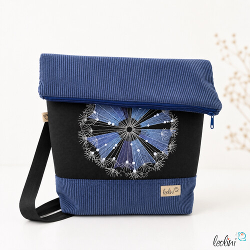 Foldover Tasche aus Cord mit Pusteblume jeansblau