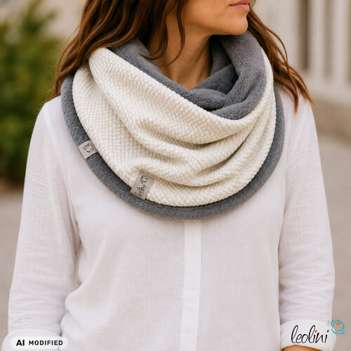 Handgefertigter Damen Schlauchschal Loop – Beidseitig tragbar mit Wellnessfleece & Mini-Zopfmuster Jersey | CREME GRAU