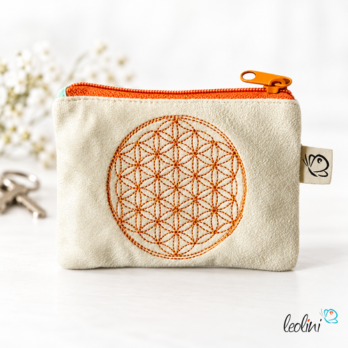 LeoliniSchlüsseltascherl mit Karabiner BLUME DES LEBENS ORANGE | Geldtasche mini | mit Stickerei handgefertigtSchlüsseltascherl