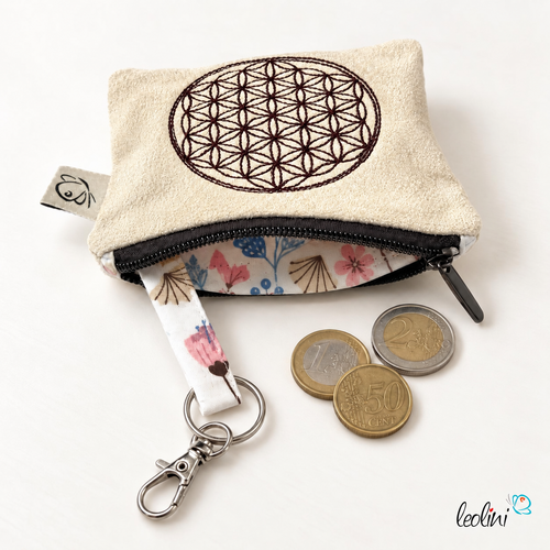 Schlüsseltascherl mit Karabiner BLUME DES LEBENS BRAUN | Geldtasche mini | mit Stickerei handgefertigt