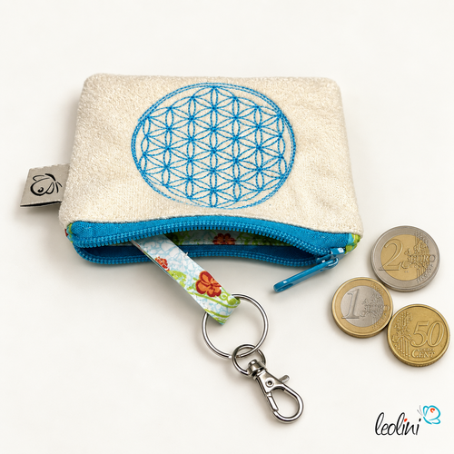 Schlüsseltascherl mit Karabiner BLUME DES LEBENS TÜRKIS | Geldtasche mini | mit Stickerei handgefertigt