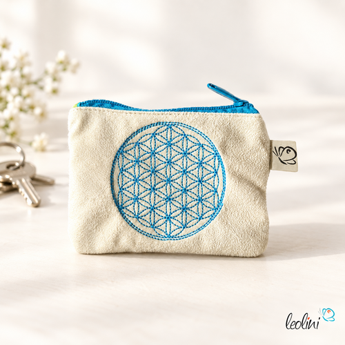Schlüsseltascherl mit Karabiner | Geldtasche mini | mit Stickerei BLUME DES LEBENS TÜRKIS handgefertigt