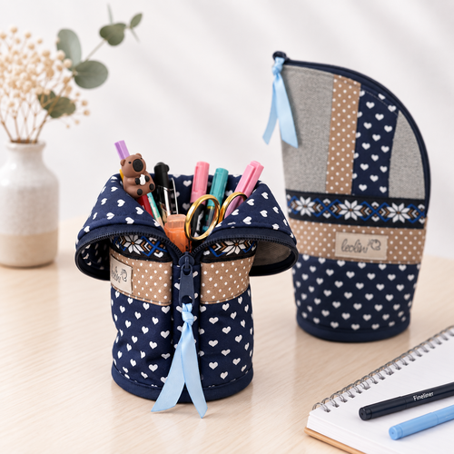 Stehende Stiftetasche Leo | Federpennal Federmäppchen BOHO WEBBAND DUNKELBLAU | personalisierbar mit Namen