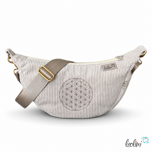Moon Bag Luna CREME | Halbmondtasche | handgefertigte Schultertasche mit Blume-des-Lebens-Stickerei