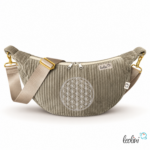 Moon Bag Luna SALBEIGRÜN | Halbmondtasche | handgefertigte Schultertasche mit Blume-des-Lebens-Stickerei