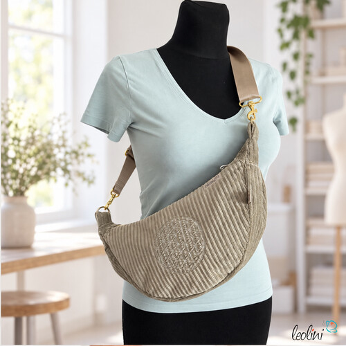 LeoliniTaschen mit Stickerei und Basic TaschenLeoliniMoon Bag Luna SALBEIGRÜN | Halbmondtasche | handgefertigte Schultertasche mit Blume-des-Lebens-Stickerei