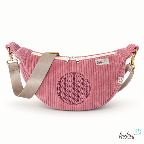 Moon Bag Luna ALTROSA | Halbmondtasche | handgefertigte Schultertasche mit Blume-des-Lebens-Stickerei