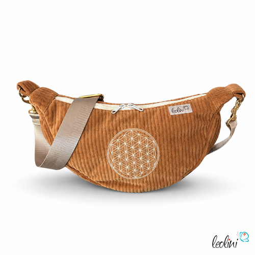 Moon Bag Luna COGNAC | Halbmondtasche | handgefertigte Schultertasche mit Blume-des-Lebens-Stickerei