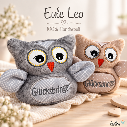 Kuscheltier EULE LEO in grau | Glücksbringer Eule | personalisierbar mit NameLeoliniKuscheltiere