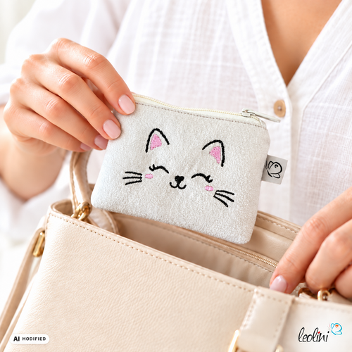 LeoliniSchlüsseltascherl mit Karabiner | Geldtasche mini | mit Stickerei KÄTZCHEN handgefertigtLeoliniSchlüsseltascherl