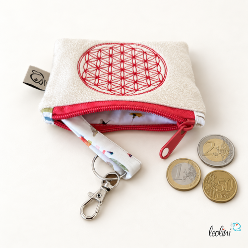 Schlüsseltascherl mit Karabiner BLUME DES LEBENS PINK | Geldtasche mini | mit Stickerei handgefertigt