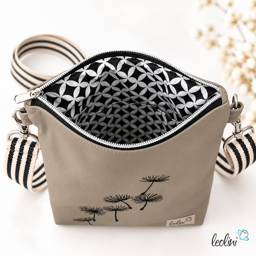 Kleine Umhängetasche TAUPE mit fliegenden Pusteblumen | mit gemustertem Gurtband | Kleine LEOSLeoliniLeoliniTaschen mit Stickerei und Basic Taschen