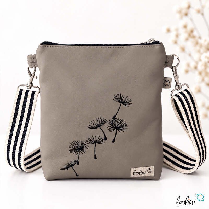 LeoliniKleine Umhängetasche TAUPE mit fliegenden Pusteblumen | mit gemustertem Gurtband | Kleine LEOSLeoliniTaschen mit Stickerei und Basic Taschen
