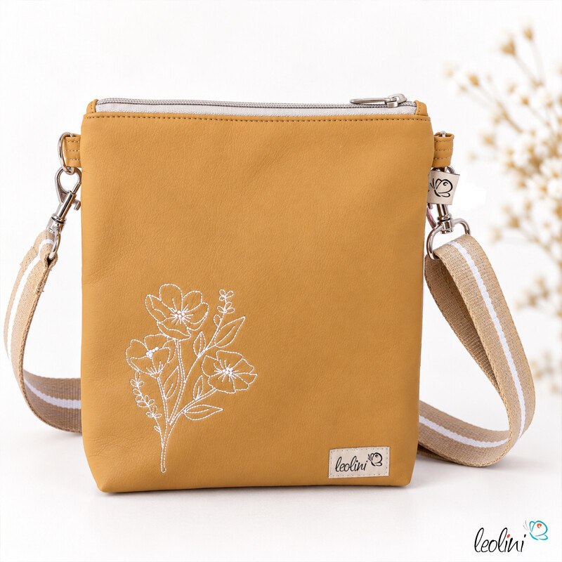LeoliniKleine Umhängetasche OCKER mit Blümchen-Stickerei | mit gemustertem Gurtband | Kleine LEOSLeoliniTaschen mit Stickerei und Basic Taschen
