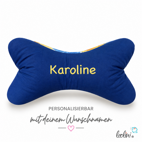 Leseknochen personalisierbar | Nackenkissen MOHNDESIGN SONNENGELB BLAU | handgemachtLeoliniLeseknochen gemustert