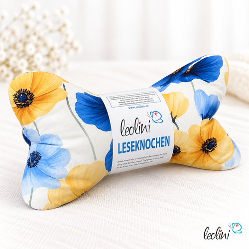 Leseknochen personalisierbar | Nackenkissen MOHNDESIGN SONNENGELB BLAU | handgemacht