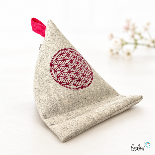 Handysitzsack aus Walkloden mit echter Stickerei BLUME DES LEBENS (Limitierte Auflage)| Stützkissen für Smartphone und Tablet