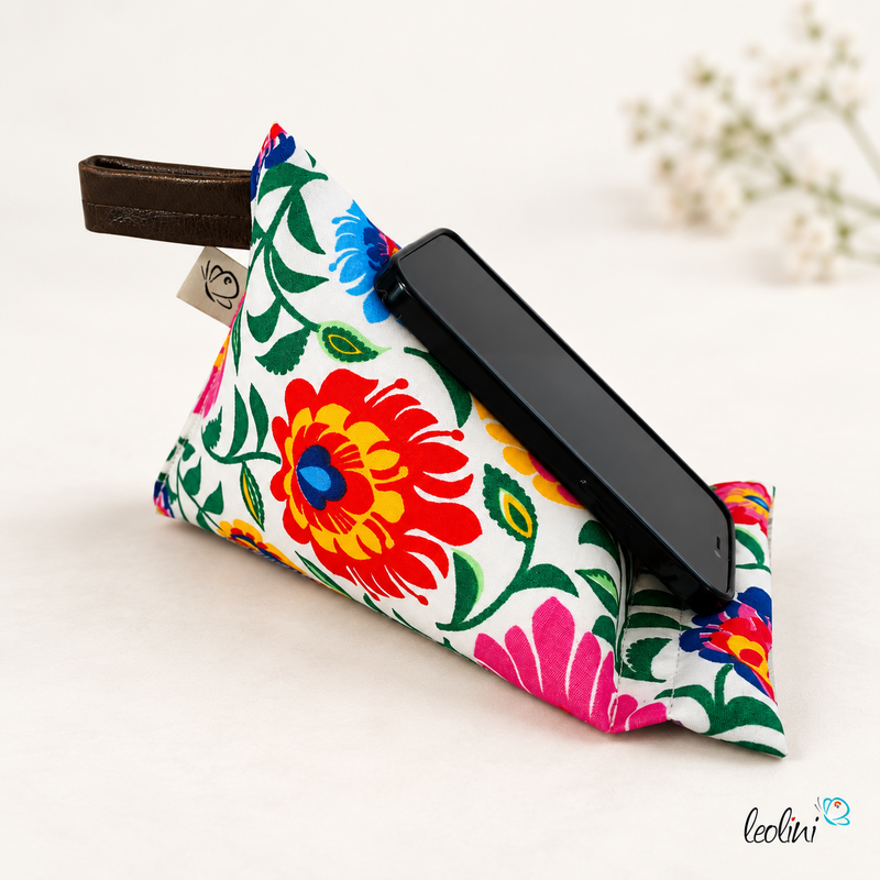LeoliniHandysitzsack | FLOWER POWER ROT aus Baumwolle | Stützkissen für Smartphone und TabletHandysitzsack