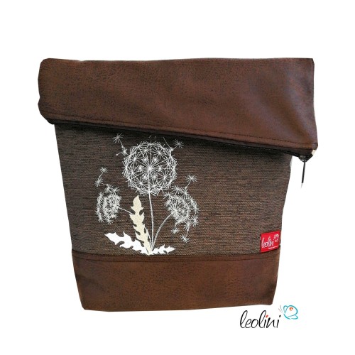 Foldover Tasche Pusteblumen Stickerei - Umhängetasche braunes Antiklederimitat Leolini - 1